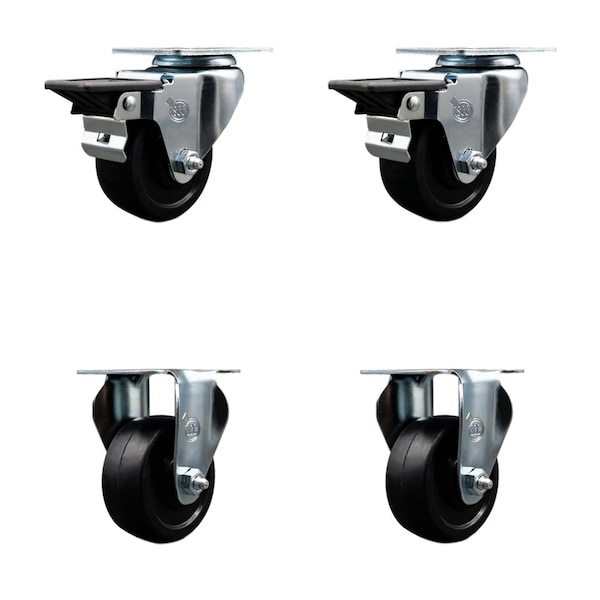 3'' Soft Rubber Wheel Swivel Top Plate Caster Set with 2 Posi Brakes 2 Rigid, 4PK